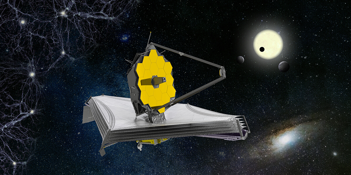 Visualisierung des James-Webb-Weltraumteleskops, das tiefer ins All blicken soll als jedes andere Weltraumobservatorium zuvor.