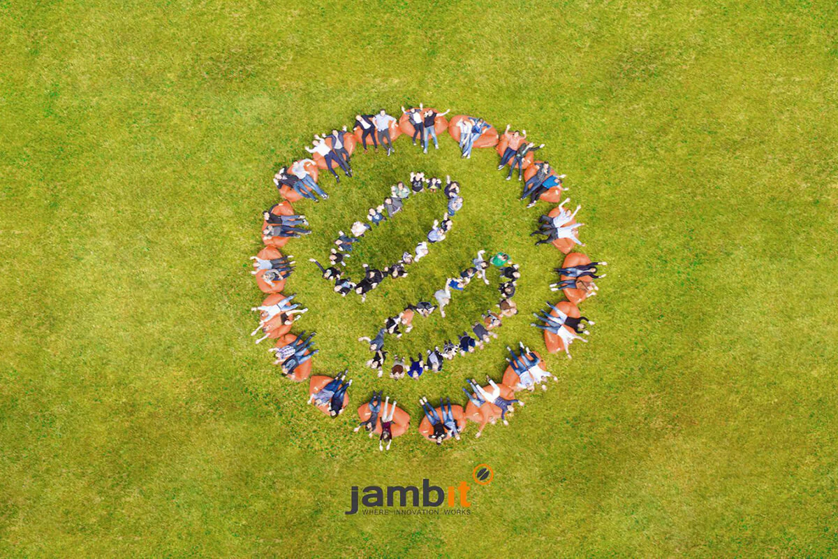 The logo of jambit GmbH, reminiscent of two coffee beans: The company name was created over a good cup of cappuccino at Munich's Viktualienmarkt. Photo: jambit GmbH The logo of jambit GmbH, reminiscent of two coffee beans