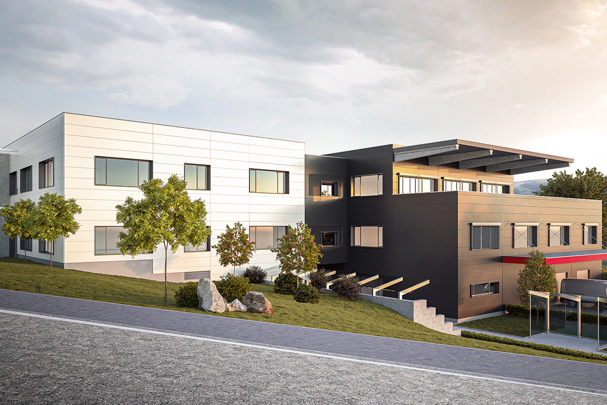 The new building of Analytik Jena in Ilmenau with a view of the Thuringian Forest.