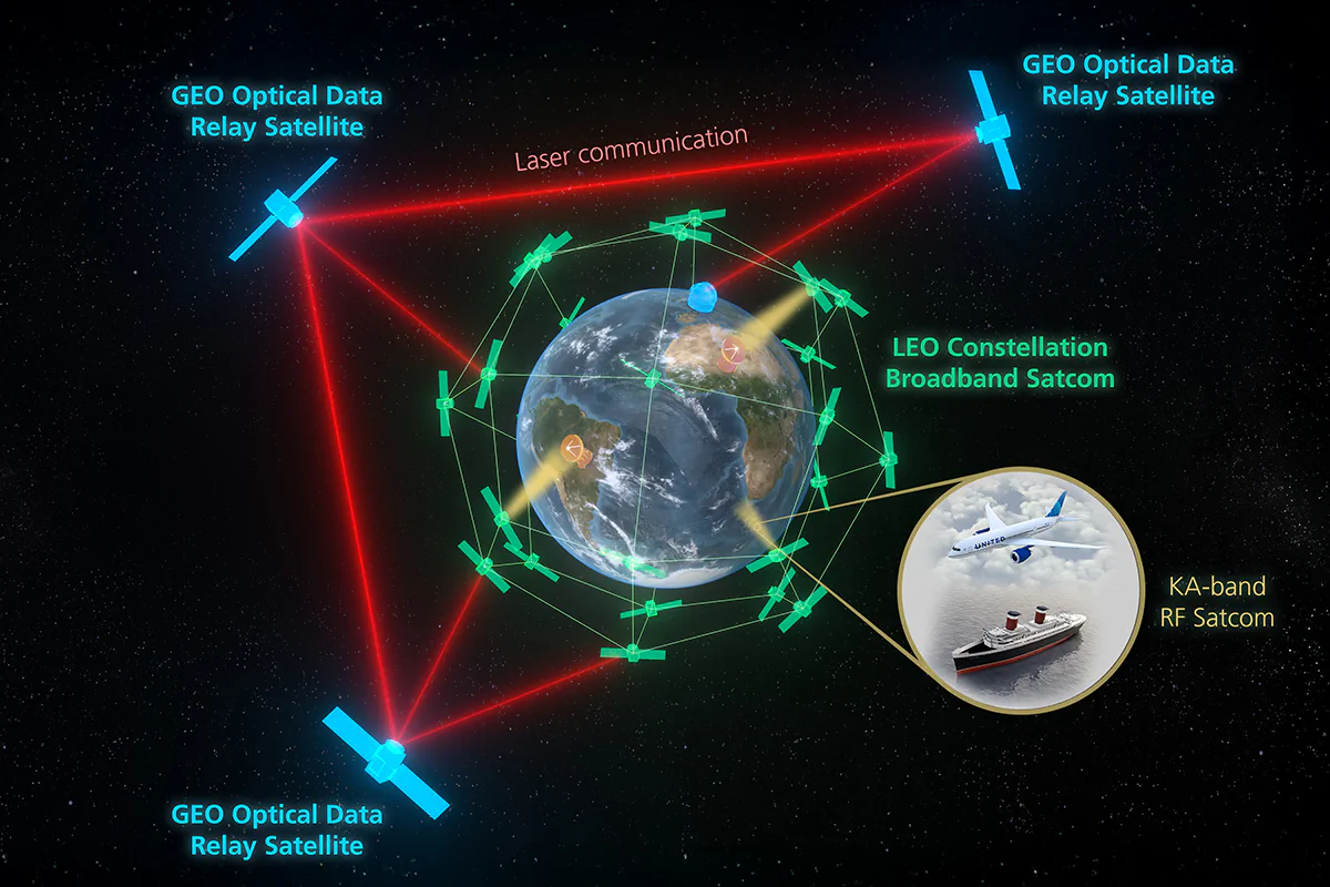 Schematische Darstellung eines Netzwerkes zur Laserkommunikation. Das Teleskop aus Jena kommt für den Inter-Satellite Optical Link zum Einsatz. Bild: Fraunhofer IOF Schematische Darstellung eines Netzwerkes zur Laserkommunikation. Das Teleskop aus Jena kommt für den Inter-Satellite Optical Link zum Einsatz.